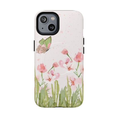 Floral Butterfly Magnetic Phone Case – Pink Wildflower Shockproof Cover