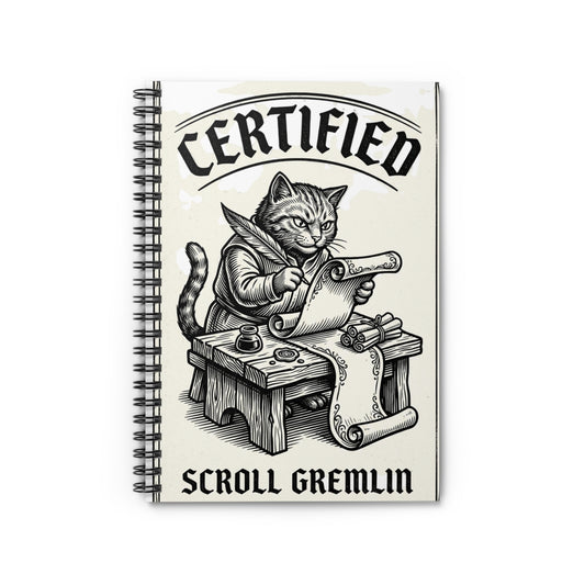 Certified Scroll Gremlin Notebook — Cat Scribe Spiral Journal