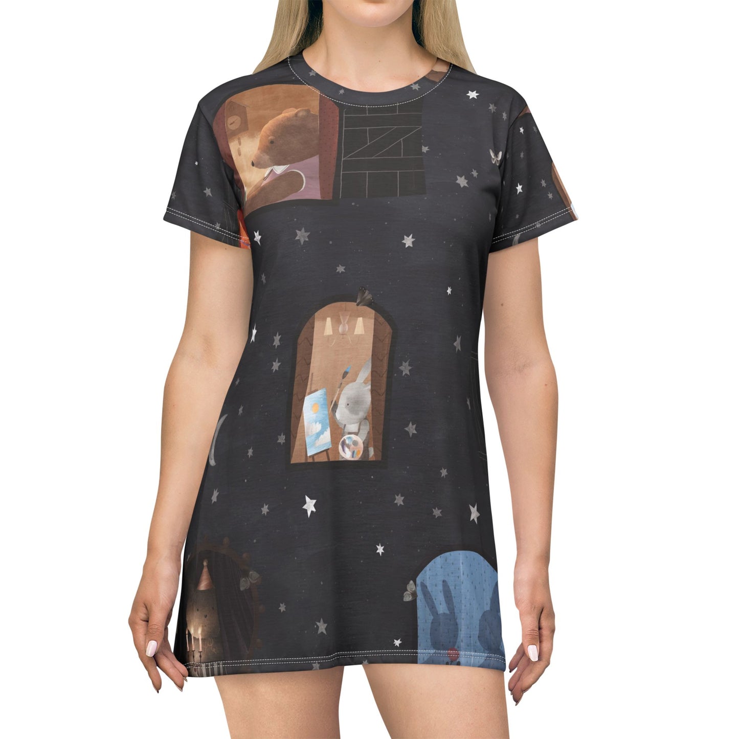 Women's Nighttime Window T-Shirt Dress - Starry Night Animal Scene