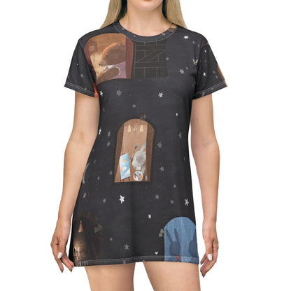 Women's Nighttime Window T-Shirt Dress - Starry Night Animal Scene