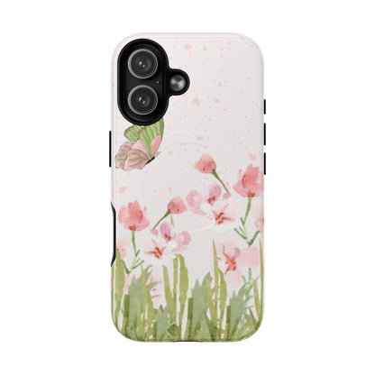 Floral Butterfly Magnetic Phone Case – Pink Wildflower Shockproof Cover