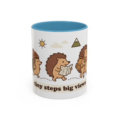 Cute Hedgehog Hiking Ceramic Coffee Mug — Tiny Steps Big Views Accent Cup for Camping & Travel Lovers
