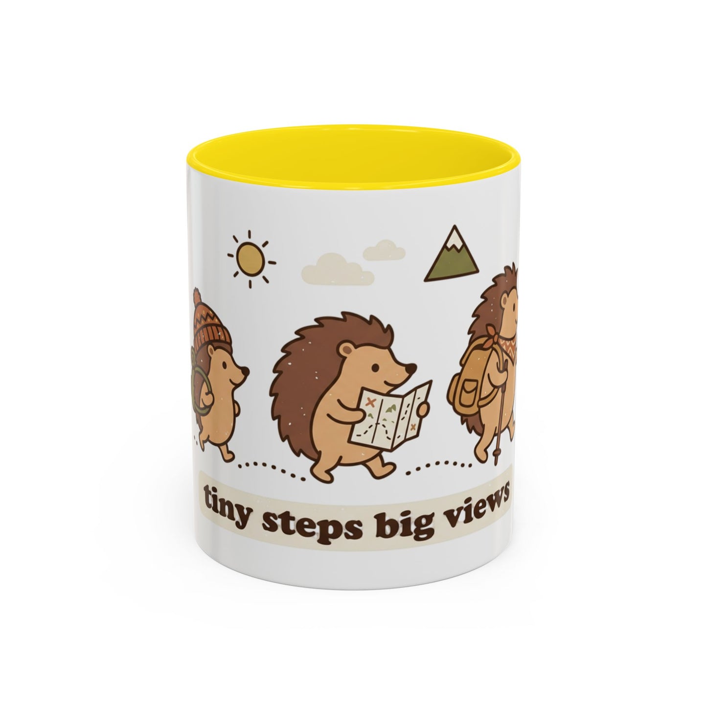 Cute Hedgehog Hiking Ceramic Coffee Mug — Tiny Steps Big Views Accent Cup for Camping & Travel Lovers
