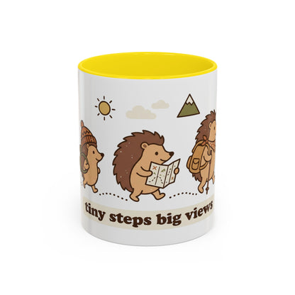 Cute Hedgehog Hiking Ceramic Coffee Mug — Tiny Steps Big Views Accent Cup for Camping & Travel Lovers