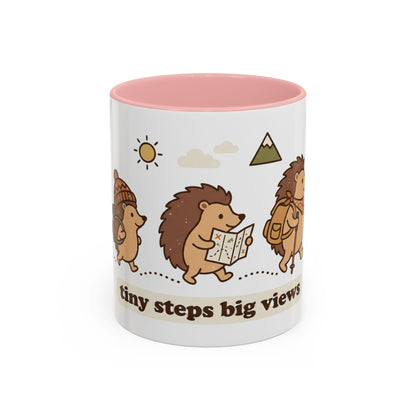 Cute Hedgehog Hiking Ceramic Coffee Mug — Tiny Steps Big Views Accent Cup for Camping & Travel Lovers
