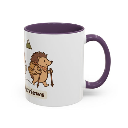 Cute Hedgehog Hiking Ceramic Coffee Mug — Tiny Steps Big Views Accent Cup for Camping & Travel Lovers