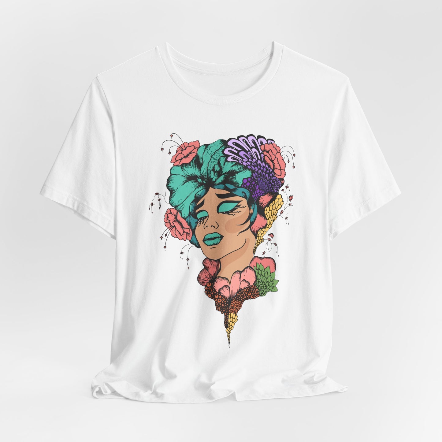 Floral Dreamer Portrait Tee - Vibrant Woman Illustration T-Shirt