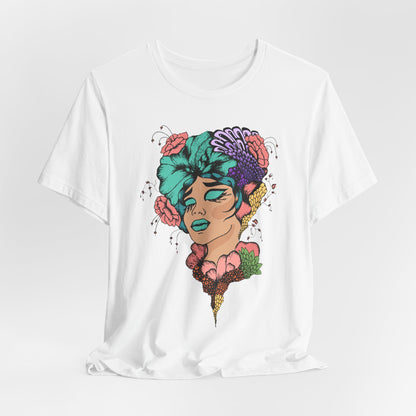 Floral Dreamer Portrait Tee - Vibrant Woman Illustration T-Shirt
