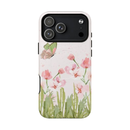 Floral Butterfly Magnetic Phone Case – Pink Wildflower Shockproof Cover