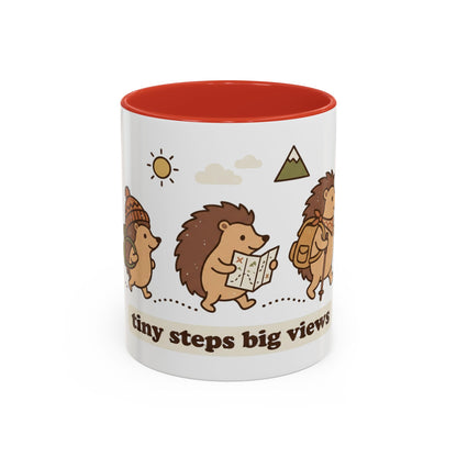 Cute Hedgehog Hiking Ceramic Coffee Mug — Tiny Steps Big Views Accent Cup for Camping & Travel Lovers
