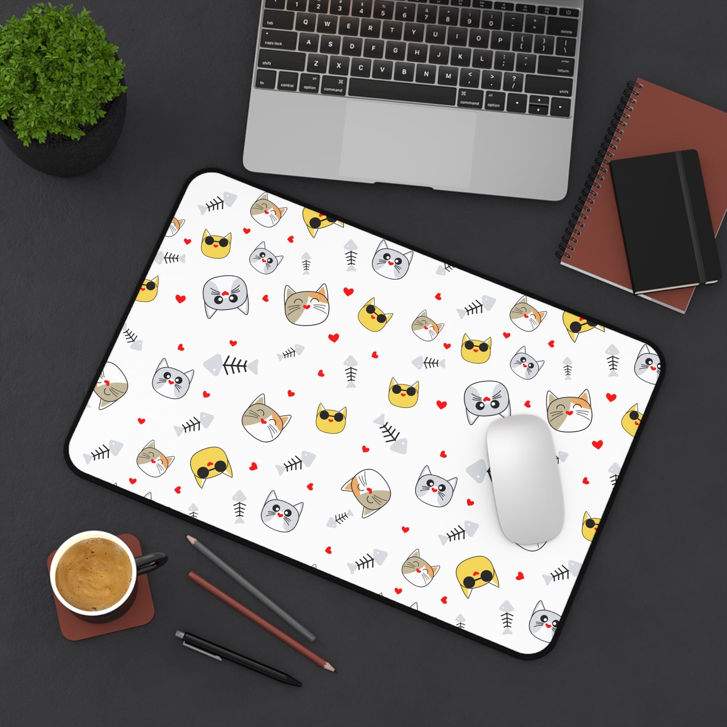 Cute Cat Faces Desk Mat — Playful Cat Pattern Mouse Pad for Home Office