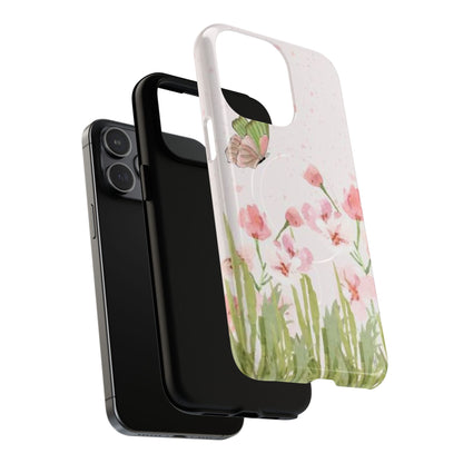 Floral Butterfly Magnetic Phone Case – Pink Wildflower Shockproof Cover
