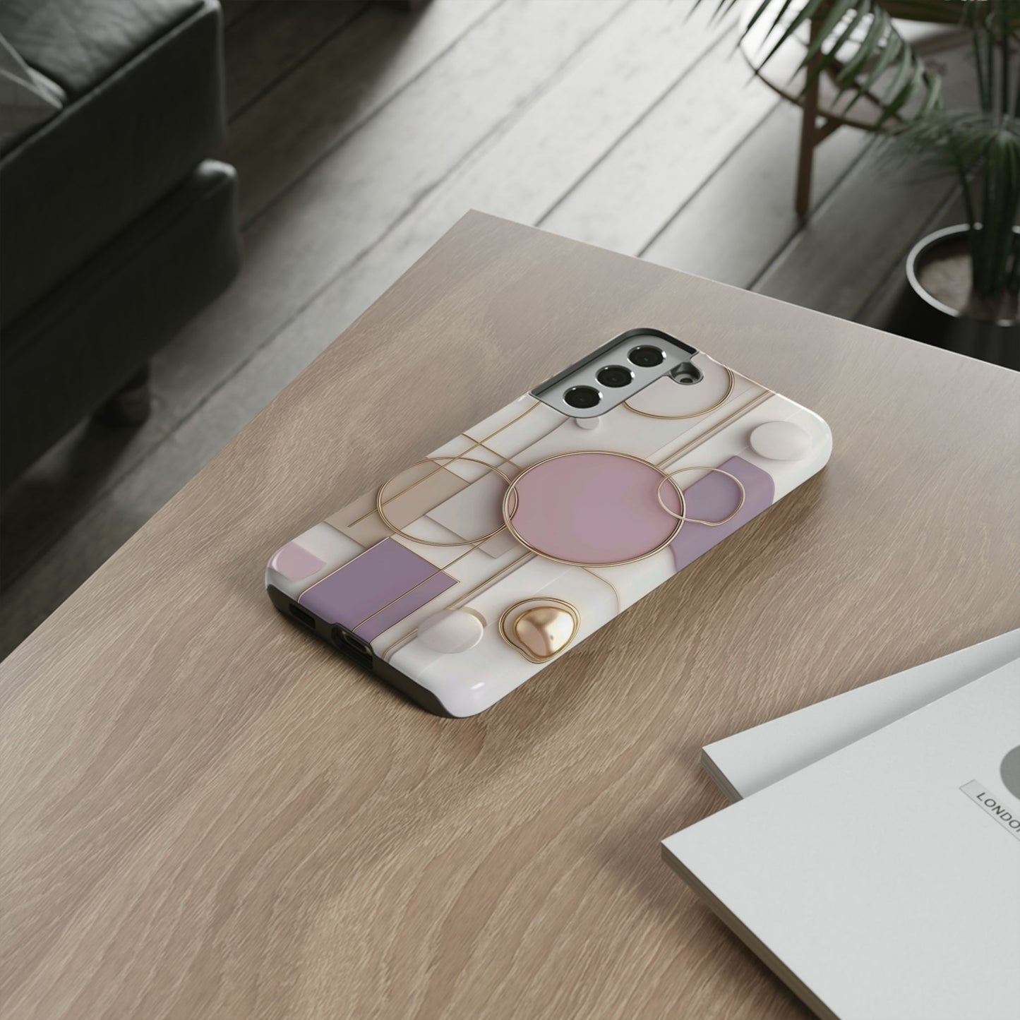 Geometric Pastel Tough Phone Case – Pink & Gold Abstract Circles