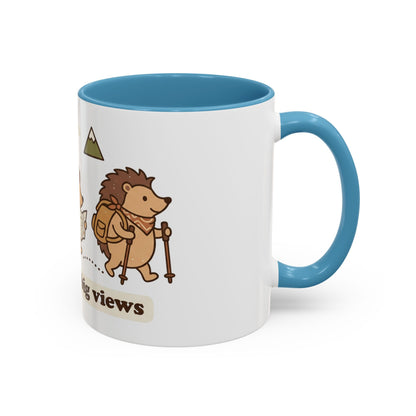 Cute Hedgehog Hiking Ceramic Coffee Mug — Tiny Steps Big Views Accent Cup for Camping & Travel Lovers