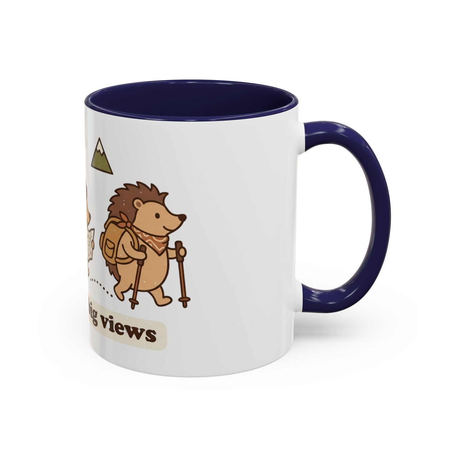 Cute Hedgehog Hiking Ceramic Coffee Mug — Tiny Steps Big Views Accent Cup for Camping & Travel Lovers