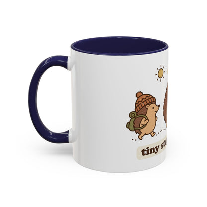 Cute Hedgehog Hiking Ceramic Coffee Mug — Tiny Steps Big Views Accent Cup for Camping & Travel Lovers