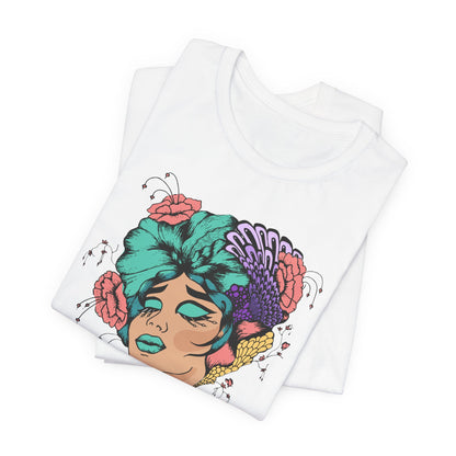 Floral Dreamer Portrait Tee - Vibrant Woman Illustration T-Shirt