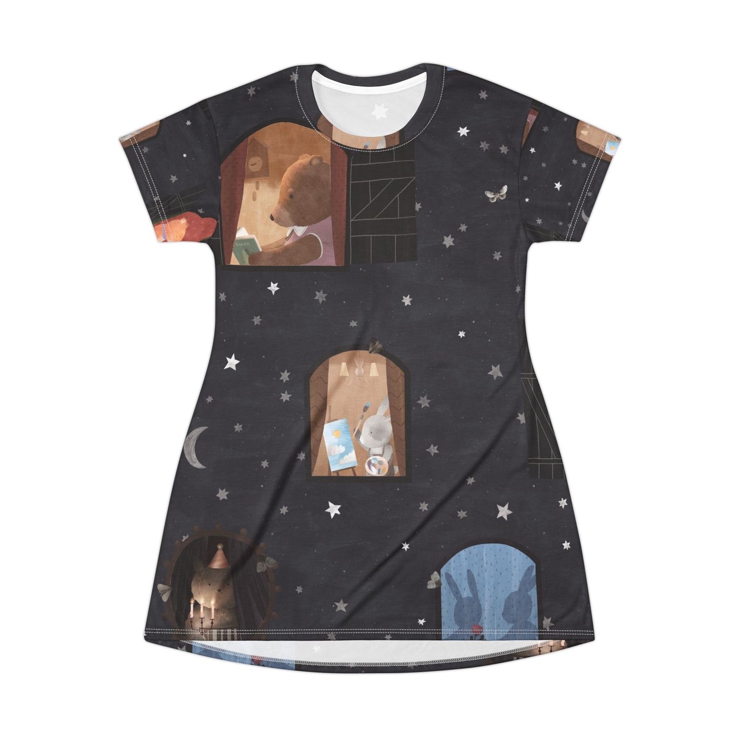 Women's Nighttime Window T-Shirt Dress - Starry Night Animal Scene
