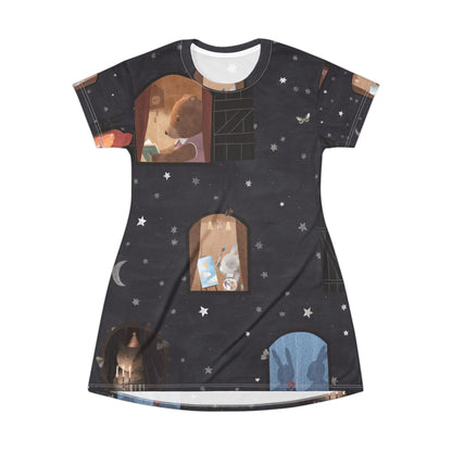 Women's Nighttime Window T-Shirt Dress - Starry Night Animal Scene