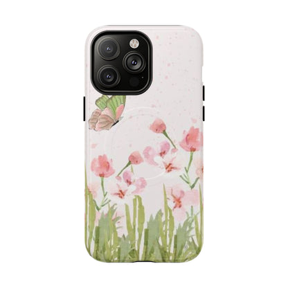 Floral Butterfly Magnetic Phone Case – Pink Wildflower Shockproof Cover