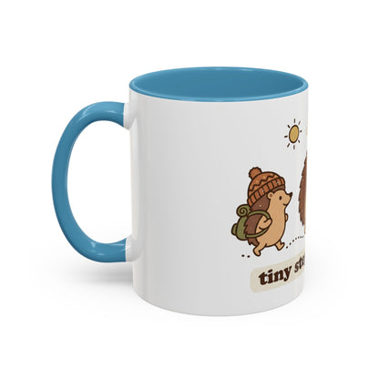 Cute Hedgehog Hiking Ceramic Coffee Mug — Tiny Steps Big Views Accent Cup for Camping & Travel Lovers