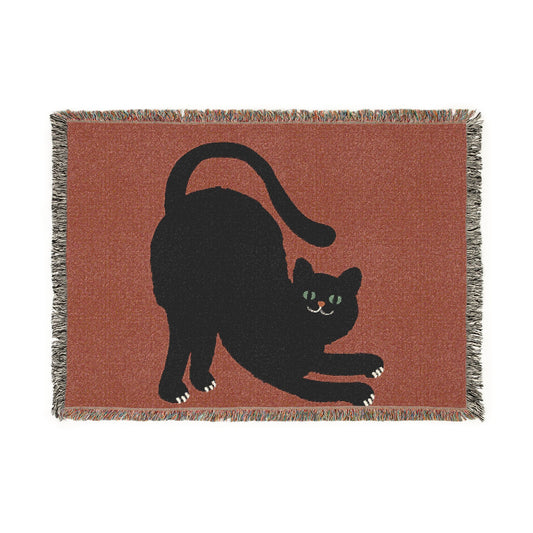 Woven Blanket — Stretching Black Cat Throw Blanket (Cozy Halloween & Cat Lover Gift)