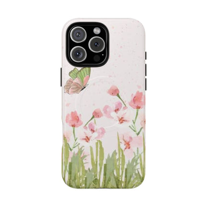 Floral Butterfly Magnetic Phone Case – Pink Wildflower Shockproof Cover