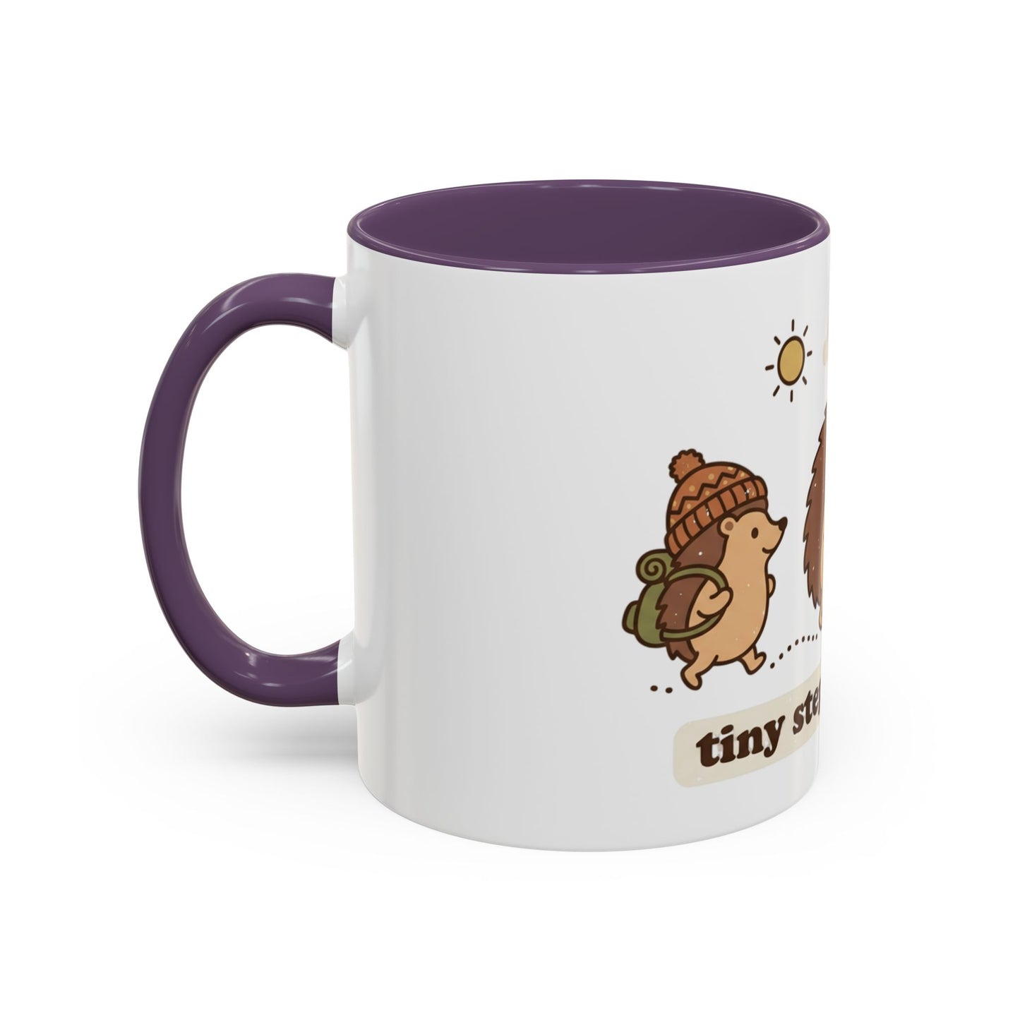 Cute Hedgehog Hiking Ceramic Coffee Mug — Tiny Steps Big Views Accent Cup for Camping & Travel Lovers