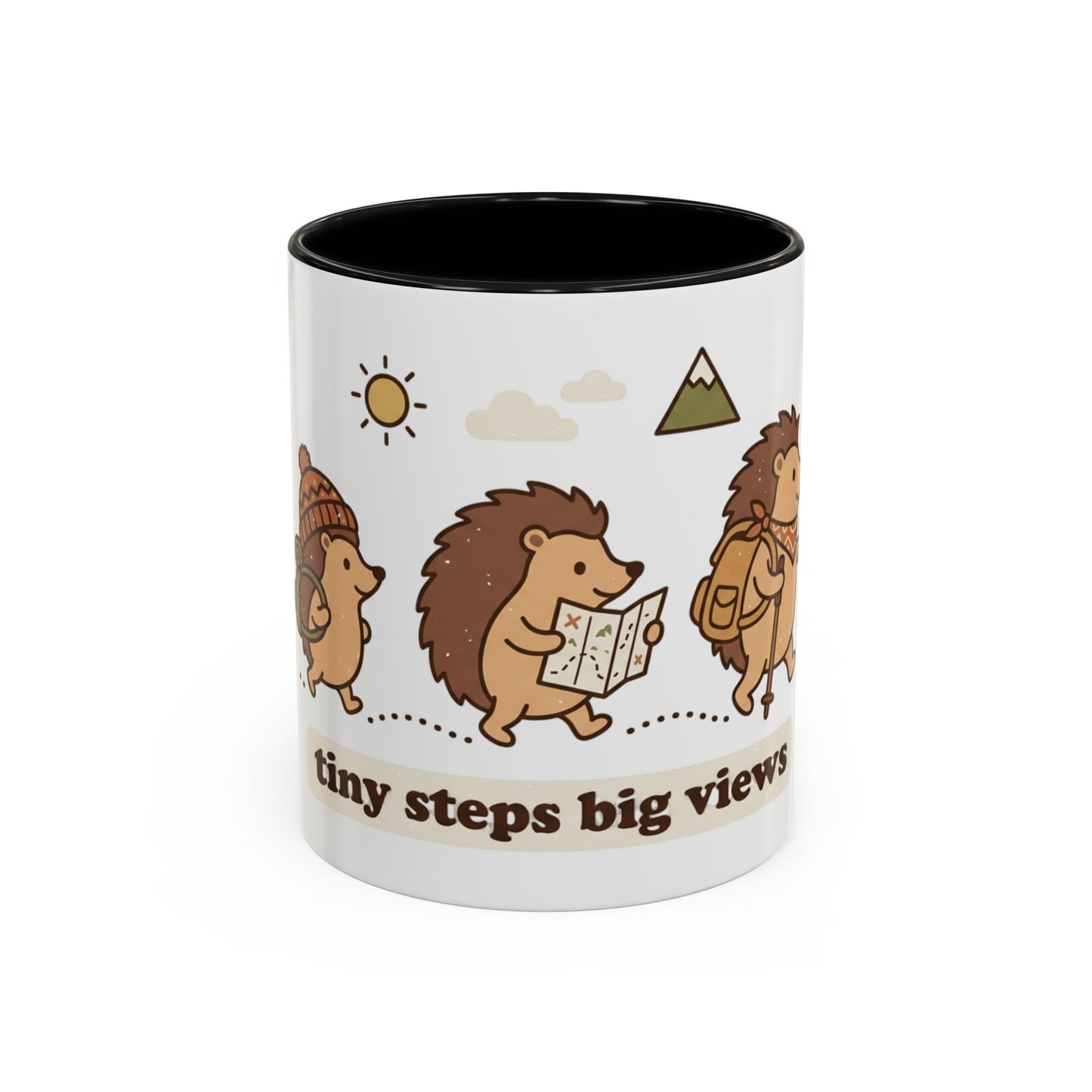 Cute Hedgehog Hiking Ceramic Coffee Mug — Tiny Steps Big Views Accent Cup for Camping & Travel Lovers