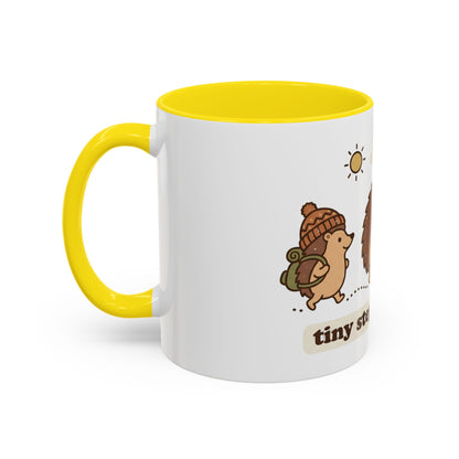 Cute Hedgehog Hiking Ceramic Coffee Mug — Tiny Steps Big Views Accent Cup for Camping & Travel Lovers