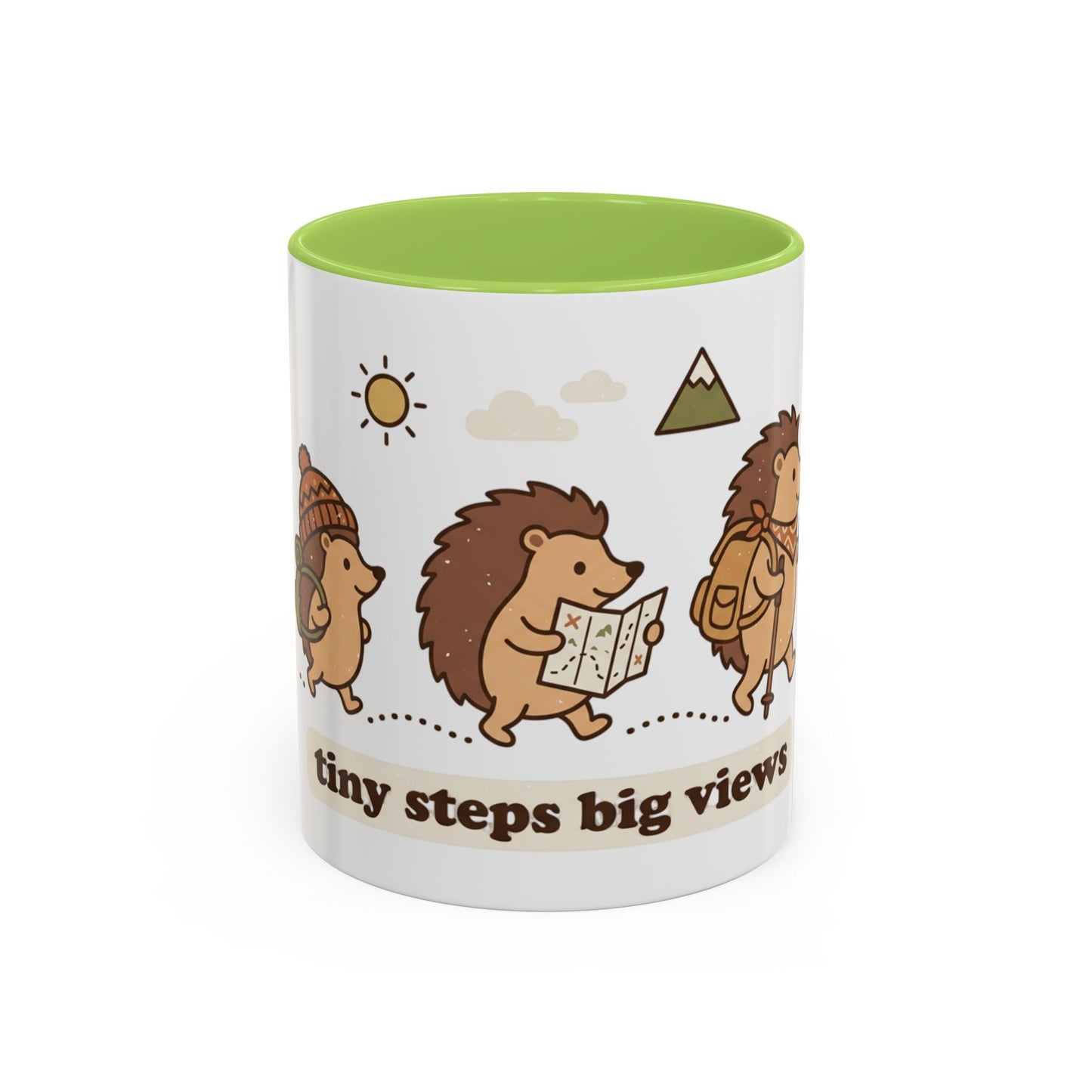 Cute Hedgehog Hiking Ceramic Coffee Mug — Tiny Steps Big Views Accent Cup for Camping & Travel Lovers