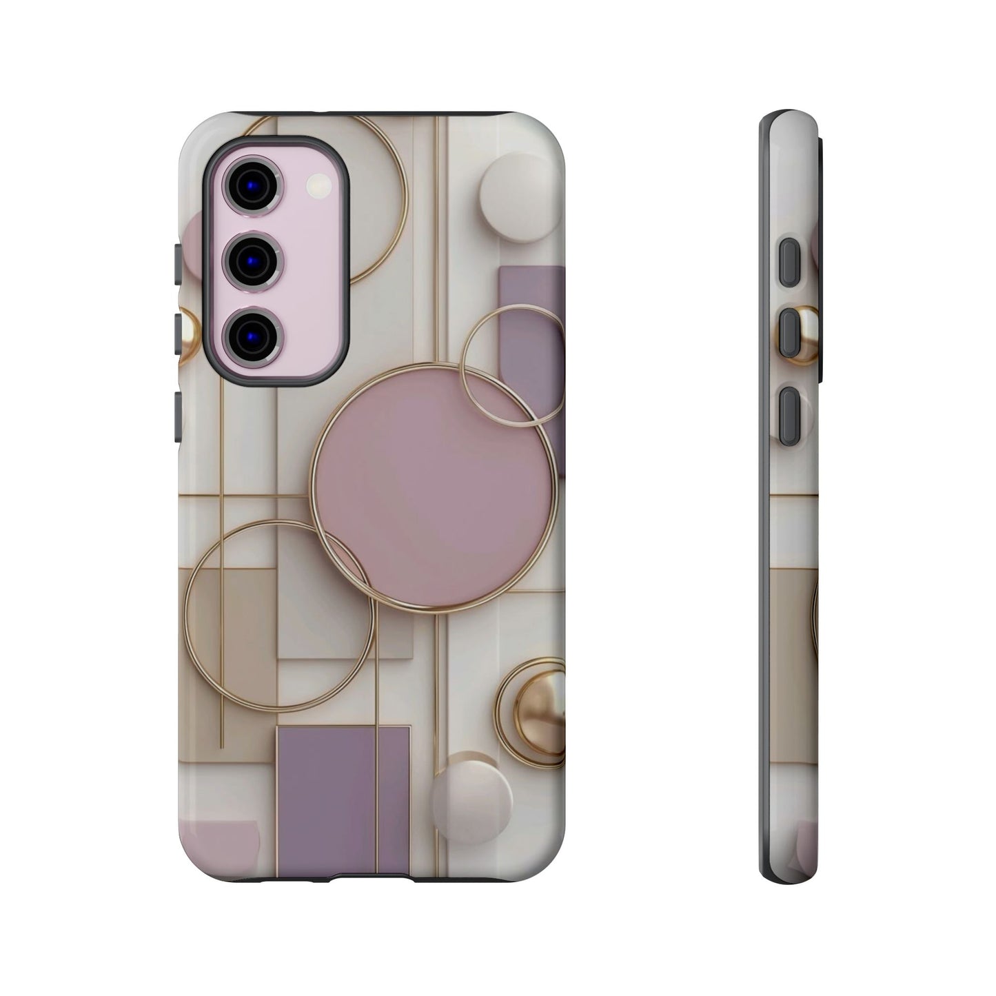 Geometric Pastel Tough Phone Case – Pink & Gold Abstract Circles