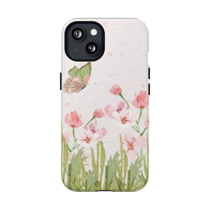 Floral Butterfly Magnetic Phone Case – Pink Wildflower Shockproof Cover