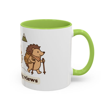 Cute Hedgehog Hiking Ceramic Coffee Mug — Tiny Steps Big Views Accent Cup for Camping & Travel Lovers