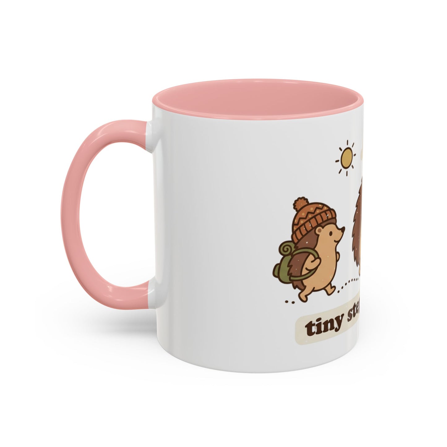 Cute Hedgehog Hiking Ceramic Coffee Mug — Tiny Steps Big Views Accent Cup for Camping & Travel Lovers