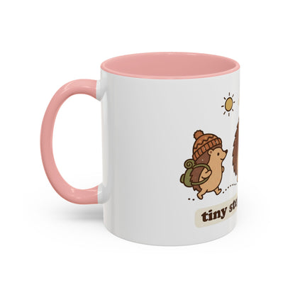 Cute Hedgehog Hiking Ceramic Coffee Mug — Tiny Steps Big Views Accent Cup for Camping & Travel Lovers