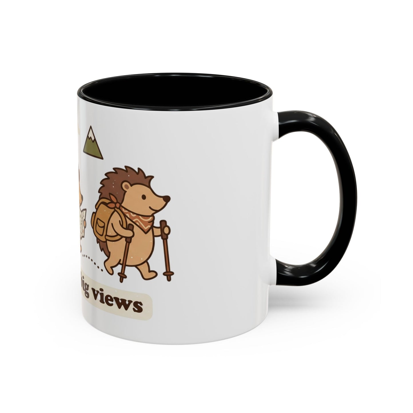 Cute Hedgehog Hiking Ceramic Coffee Mug — Tiny Steps Big Views Accent Cup for Camping & Travel Lovers