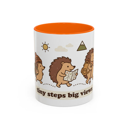 Cute Hedgehog Hiking Ceramic Coffee Mug — Tiny Steps Big Views Accent Cup for Camping & Travel Lovers