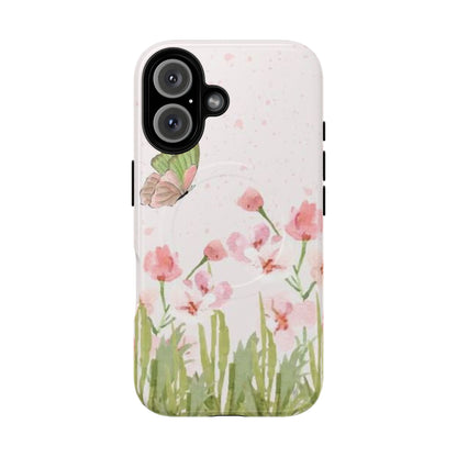 Floral Butterfly Magnetic Phone Case – Pink Wildflower Shockproof Cover