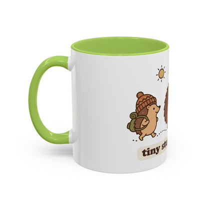 Cute Hedgehog Hiking Ceramic Coffee Mug — Tiny Steps Big Views Accent Cup for Camping & Travel Lovers
