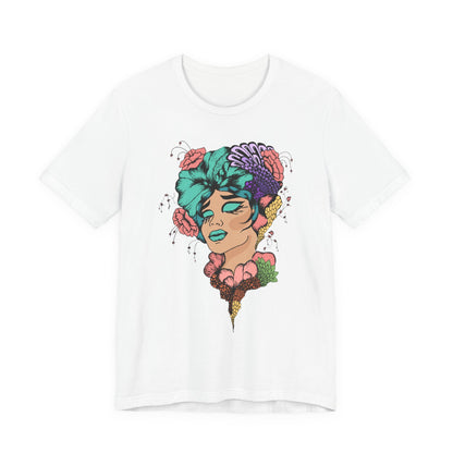 Floral Dreamer Portrait Tee - Vibrant Woman Illustration T-Shirt