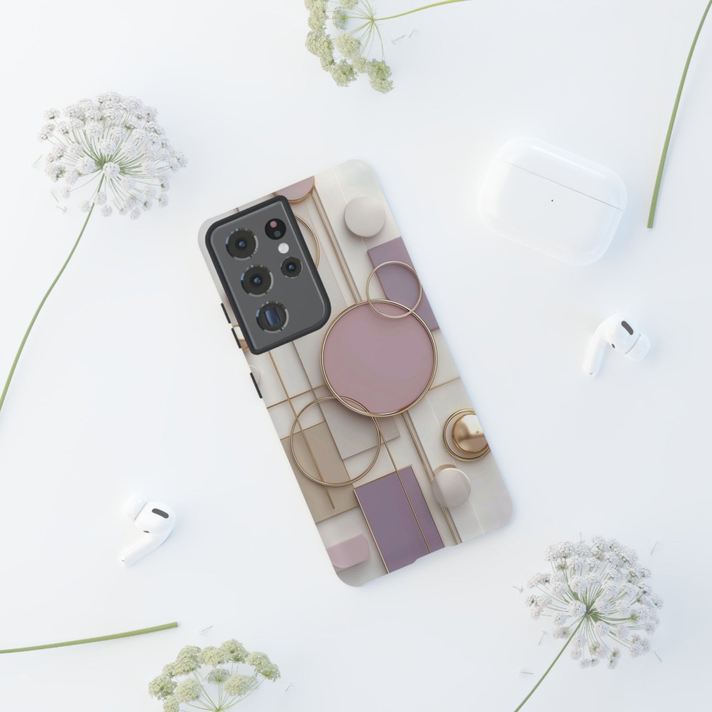 Geometric Pastel Tough Phone Case – Pink & Gold Abstract Circles
