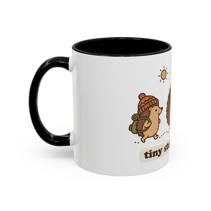 Cute Hedgehog Hiking Ceramic Coffee Mug — Tiny Steps Big Views Accent Cup for Camping & Travel Lovers