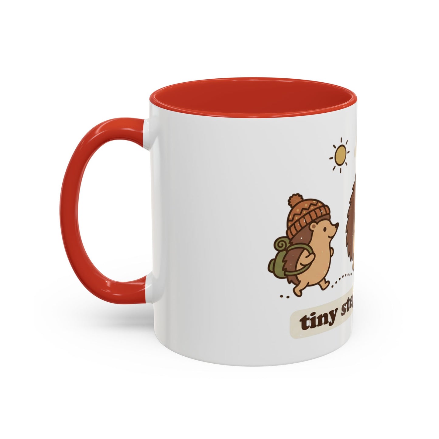 Cute Hedgehog Hiking Ceramic Coffee Mug — Tiny Steps Big Views Accent Cup for Camping & Travel Lovers