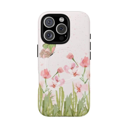 Floral Butterfly Magnetic Phone Case – Pink Wildflower Shockproof Cover