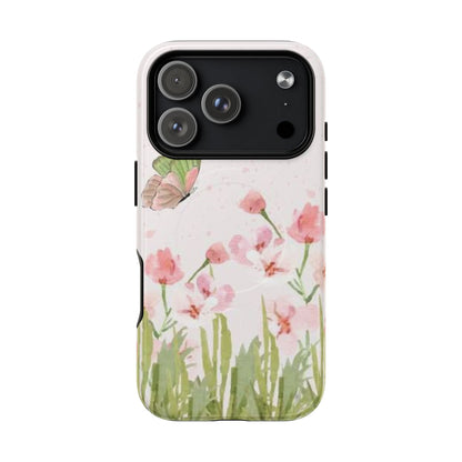 Floral Butterfly Magnetic Phone Case – Pink Wildflower Shockproof Cover