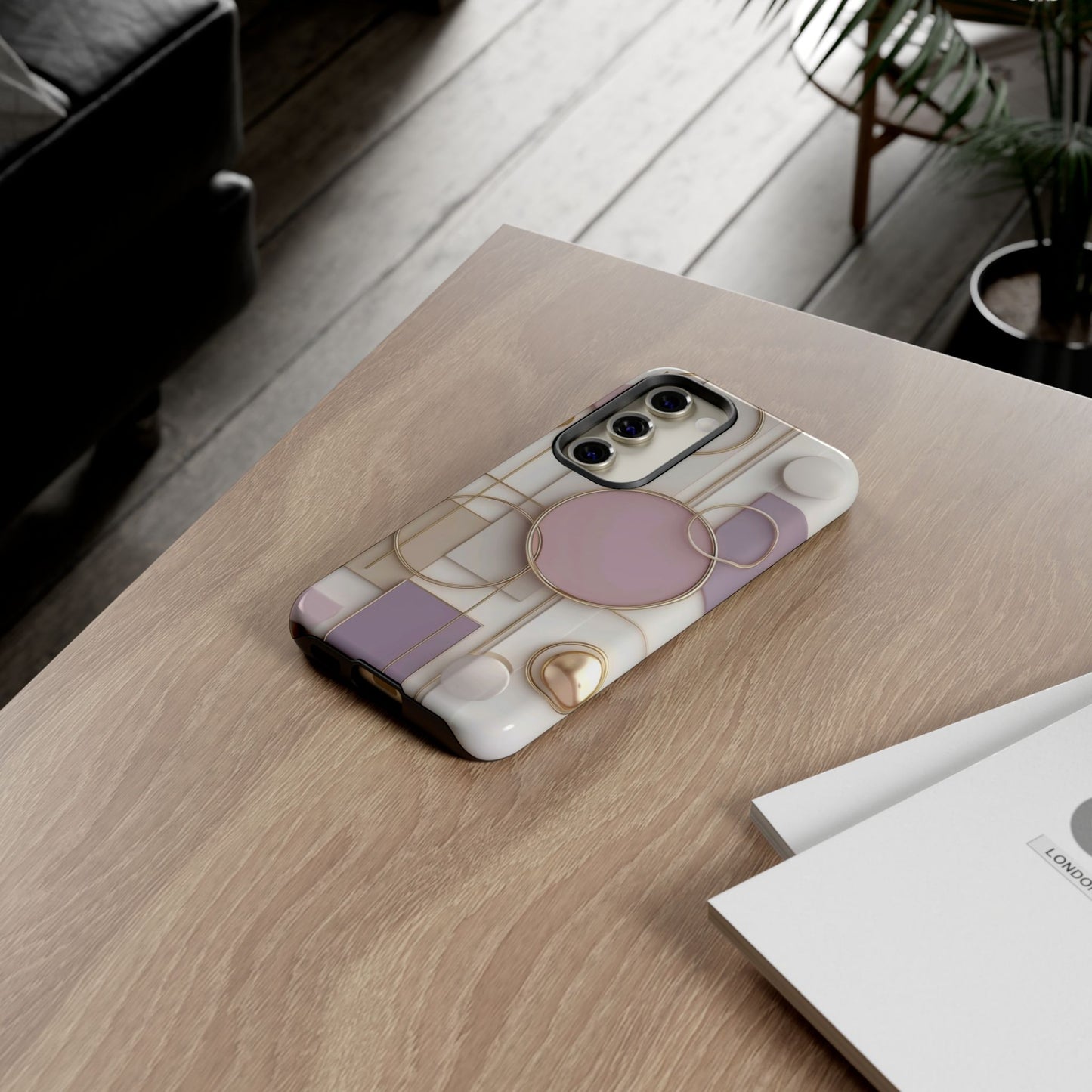 Geometric Pastel Tough Phone Case – Pink & Gold Abstract Circles
