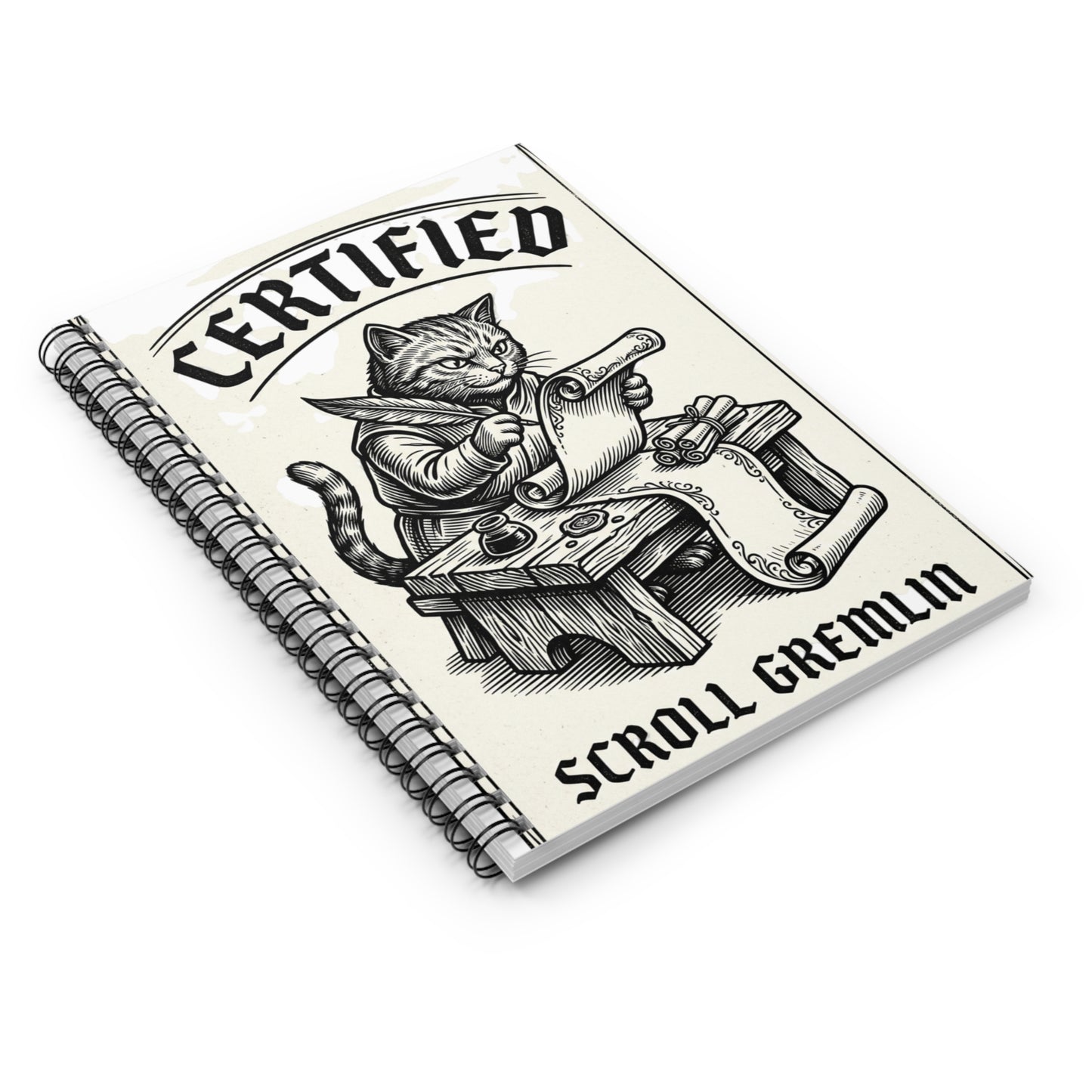 Certified Scroll Gremlin Notebook — Cat Scribe Spiral Journal