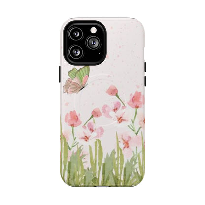 Floral Butterfly Magnetic Phone Case – Pink Wildflower Shockproof Cover