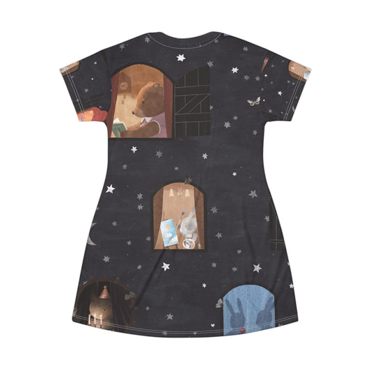 Women's Nighttime Window T-Shirt Dress - Starry Night Animal Scene